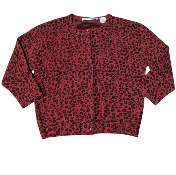 AC Autumn Cashmere Cardigan Cropped Red Cheetah Sweater 3/4 Sleeve M Mob Wife - Picture 1 of 8